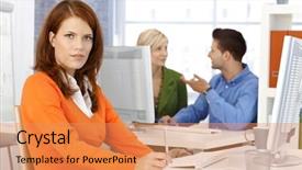  Presentation with woman office desk - Amazing slide deck having portrait of office worker woman sitting at desk looking at camera colleagues at background backdrop and a coral colored foreground