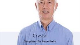  Presentation with senior asian - Slide deck enhanced with portrait of old asian senior man smiling standing isolated on white background background and a light blue colored foreground