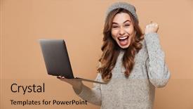  Presentation with winner - Amazing PPT layouts having portrait of overjoyed brunette girl backdrop and a coral colored foreground