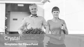 Presentation with nursery plant - Slide set consisting of portrait of owner with crate standing by female botanist against plant nursery background and a gray colored foreground