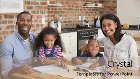  Presentation with children parents - Colorful presentation design enhanced with portrait of parents and children drawing at table backdrop and a coral colored foreground