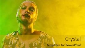  Presentation with green smoke color - Presentation theme featuring portrait-of-passionate-womanish-man background and a gold colored foreground