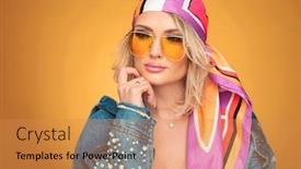  Presentation with orange colored - Slides having portrait of pensive rock woman wearing a colored headscarf and yellow sunglasses looking to side on orange background background and a gold colored foreground