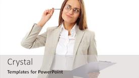  Presentation with isolation - PPT layouts having portrait of pensive teacher with pen and clipboard looking aside in isolation background and a light gray colored foreground