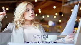  Presentation with manager thinking - Slides with portrait of pensive young manager looking away while thinking over promising project interior of modern coffeehouse on background background and a sky blue colored foreground