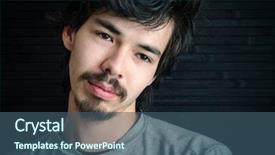  Presentation with career milestone close up - PPT theme consisting of portrait of pensive young mustache background and a ocean colored foreground