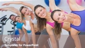  Presentation with exercise class - Cool new PPT layouts with portrait of people doing power fitness exercise at yoga class in fitness studio backdrop and a coral colored foreground