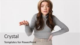  Presentation with questions - Theme enhanced with portrait of perplexed woman 30s background and a light gray colored foreground