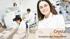  Presentation with pharmaceutical factory - Cool new PPT theme with portrait of pharmaceutical scientific female backdrop and a lemonade colored foreground