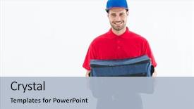  Presentation with pizza delivery - Beautiful slides featuring portrait of pizza delivery man backdrop and a light blue colored foreground