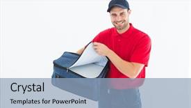  Presentation with pizza delivery - Theme having portrait of pizza delivery man background and a light blue colored foreground