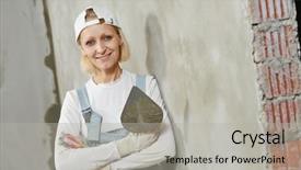  Presentation with renovation - PPT layouts having portrait of plasterer at indoor wall renovation decoration with float and plaster background and a light gray colored foreground
