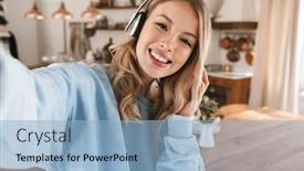  Presentation with music headphones - Amazing slide set having portrait of pleased blond girl 20s wearing headphones smiling and taking selfie photo while listening to music at home backdrop and a light blue colored foreground
