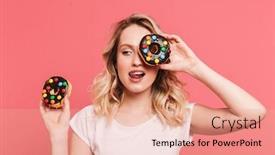  Presentation with donuts pink - PPT theme having portrait of pleased blond woman 20s wearing casual t-shirt smiling while holding tasty sweet donuts isolated over pink background background and a coral colored foreground