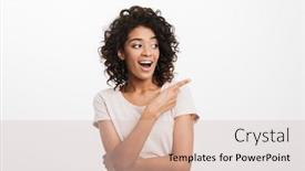  Presentation with basic - Amazing PPT layouts having portrait of pleased pretty woman in basic t-shirt looking aside and pointing index finger on copyspace isolated over white background backdrop and a soft green colored foreground