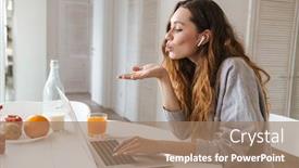  Presentation with kiss - PPT theme featuring portrait-of-pleased-woman background and a coral colored foreground