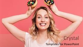  Presentation with donuts pink - Cool new theme with portrait of positive blond woman 20s wearing casual t-shirt smiling while holding tasty sweet donuts isolated over pink background backdrop and a coral colored foreground