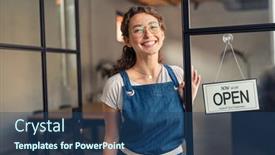  Presentation with open door - PPT theme enhanced with portrait-of-positive-business-woman background and a ocean colored foreground