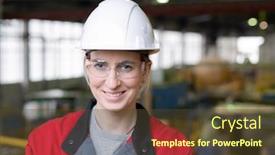  Presentation with safety work - Colorful slide deck enhanced with portrait-of-positive-female-industrial backdrop and a tawny brown colored foreground