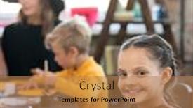  Presentation with art craft - Colorful slide deck enhanced with portrait-of-positive-pretty-girl backdrop and a coral colored foreground