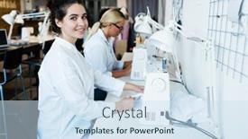  Presentation with factory machine - Slides enhanced with portrait-of-positive-young-seamstresses background and a sky blue colored foreground