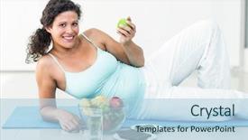  Presentation with exercise mat - Amazing slide deck having portrait of pregnant woman holding an apple while lying on exercise mat at home backdrop and a light blue colored foreground