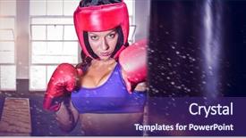  Presentation with boxer - Presentation theme having portrait of pretty boxer with fighting stance against gym background and a violet colored foreground