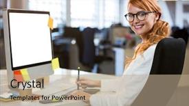  Presentation with graphics - PPT layouts having portrait of pretty businesswoman using graphics tablet at desk in office background and a coral colored foreground