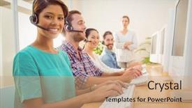  Presentation with call center - Cool new slide deck with portrait of pretty call center backdrop and a coral colored foreground