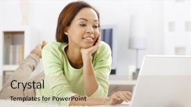  Presentation with ethnic - PPT layouts having portrait of pretty ethnic girl using laptop at home looking at screen smiling background and a coral colored foreground