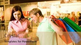  Presentation with shopping - PPT theme with portrait of pretty female showing bags to happy man after shopping background and a gold colored foreground