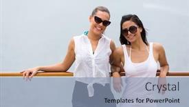  Presentation with cruise ship - Beautiful presentation theme featuring portrait of pretty girl friends on a cruise ship backdrop and a light blue colored foreground