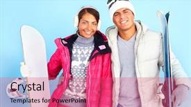  Presentation with snowboard - Slides enhanced with portrait of pretty girl and handsome man in winterwear holding snowboard and skis background and a coral colored foreground