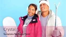  Presentation with snowboard - Slide deck consisting of portrait of pretty girl and handsome man in winterwear holding snowboard and skis background and a coral colored foreground