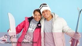  Presentation with snowboard - Cool new presentation design with portrait of pretty girl and handsome man in winterwear holding snowboard and skis backdrop and a coral colored foreground