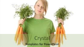  Presentation with carrots - Audience pleasing slide deck consisting of portrait of pretty girl with ripe carrots over white background backdrop and a yellow colored foreground