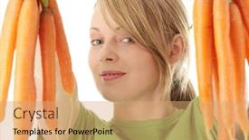  Presentation with carrots - Slides having portrait of pretty girl with ripe carrots over white background background and a coral colored foreground