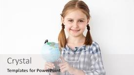  Presentation with cutout paper people standing around globe holding hands - Presentation theme with portrait-of-pretty-little-girl background and a light gray colored foreground