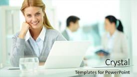  Presentation with secretary - Presentation theme with portrait of pretty secretary working with her partners on background background and a soft green colored foreground