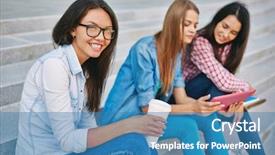  Presentation with pretty girl - Colorful theme enhanced with portrait of pretty teenage girl looking at camera with her friends on background backdrop and a teal colored foreground