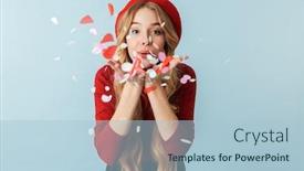  Presentation with confetti - Theme with portrait of pretty woman 20s with long hair holding and blowing confetti while isolated over blue background in studio background and a light blue colored foreground