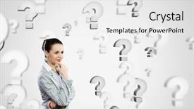  Presentation with question marks - Audience pleasing presentation design consisting of portrait of pretty young businesswoman and many question marks backdrop and a white colored foreground