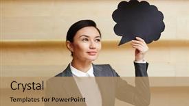  Presentation with bubble - Presentation theme featuring portrait of pretty young businesswoman in formalwear holding speech bubble sing in hand while standing against wooden wall background and a coral colored foreground