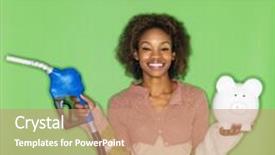  Presentation with pump - Slides featuring portrait of pretty young woman standing against green background holding gasoline pump nozzle and piggybank background and a coral colored foreground
