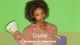  Presentation with pump - Cool new presentation theme with portrait of pretty young woman standing against green background holding gasoline pump nozzle and money backdrop and a coral colored foreground