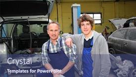  Presentation with apprenticeship - Audience pleasing slides consisting of portrait of professional and teenager in apprenticeship backdrop and a ocean colored foreground