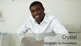  Presentation with smart home - Beautiful presentation featuring portrait of professional smart african black business man sitting at home backdrop and a light gray colored foreground