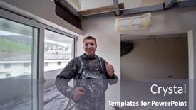  Presentation with under construction - Slide deck having portrait-of-professional-worker background and a gray colored foreground