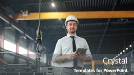  Presentation with tie - Slide set consisting of portrait-of-qualified-male-technologist background and a dark gray colored foreground