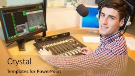  Presentation with radio - Slide set featuring portrait of radio host operating background and a yellow colored foreground